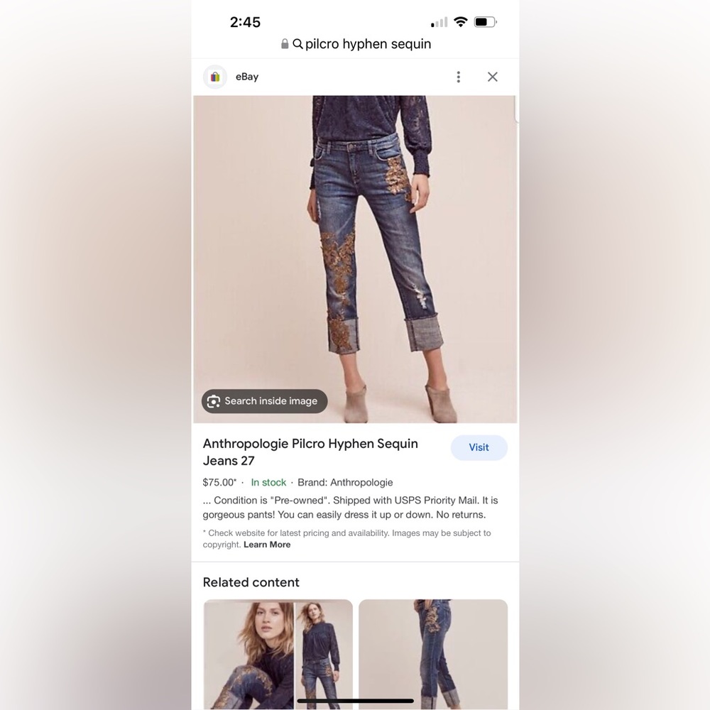 Anthropologie Pilcro gold sequin floral embellished wide cuff distressed jean 30 - Picture 2 of 10